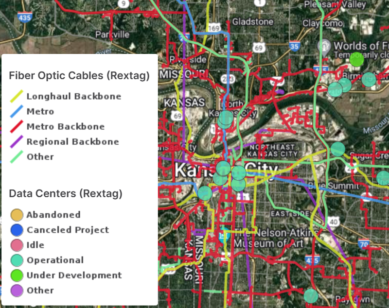 PVcase Prospect interface with highlighted fiber optic cable routes and data center points in Kansas City.