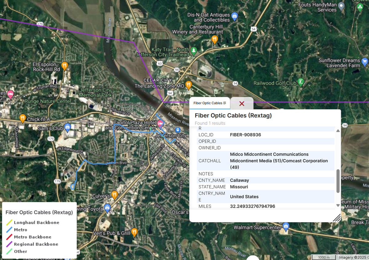 Map of Jefferson City with fiber optic cable route highlighted and detailed information displayed in PVcase Prospect.