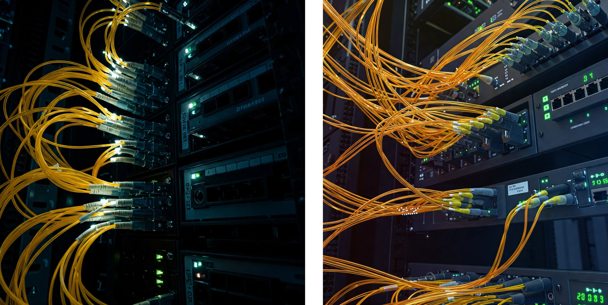 Data center servers with bright yellow fiber optic cables.